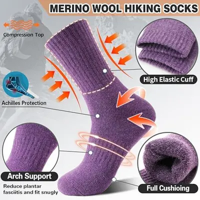 This image breaks down the physical components and structural features of the hiking socks, using arrows and zoom circles to highlight specific areas like compression, elastic cuff, protection…