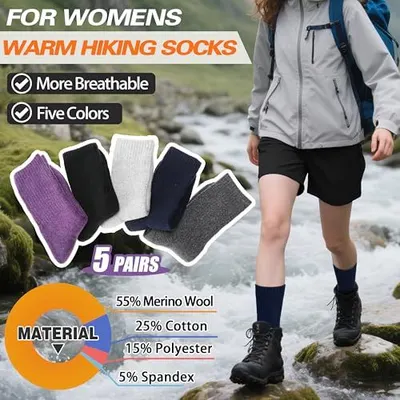 Communicates multiple selling benefits of the hiking socks including breathability, color options, and detailed material breakdown to help shoppers understand the product's quality and versatility.