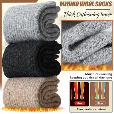 Communicates multiple key benefits of the merino wool socks including thick cushioning, moisture-wicking properties, and superior temperature regulation compared to competitors. Demonstrates the…