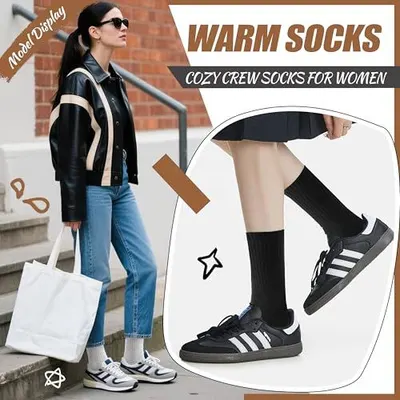 Highlights the warmth and comfort of the crew socks, positioning them as a cozy accessory for women's everyday wear and lifestyle.
