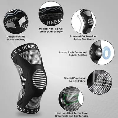 This image breaks down the knee brace by highlighting its multiple physical components and construction features, showing shoppers exactly what the product is made of and how each part contributes…