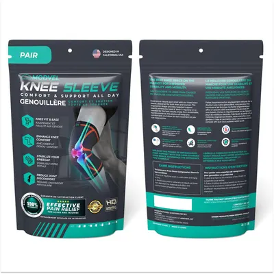 Communicates multiple distinct benefits of the knee sleeve through a visually segmented layout with icons and text blocks, showing shoppers how the product addresses various knee support needs.