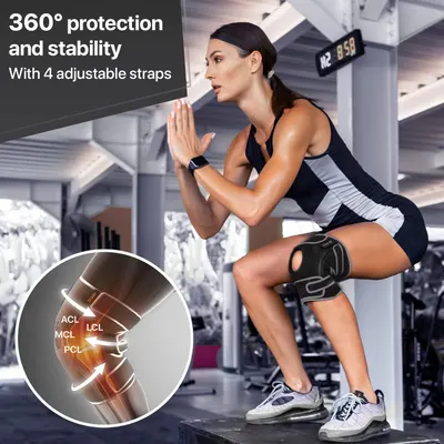Demonstrates the knee brace's comprehensive support system by highlighting the physical components and ligament protection zones, reassuring shoppers of its stability and adjustability features.…