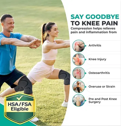 Demonstrates the multiple conditions and scenarios where the knee compression product provides pain relief, including arthritis, knee injury, osteoarthritis, overuse/strain, and pre/post surgery.…