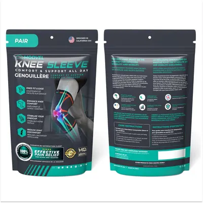 Communicates multiple distinct benefits of the knee sleeve through a visually segmented layout with icons and text blocks, showing shoppers how the product addresses various knee support needs.