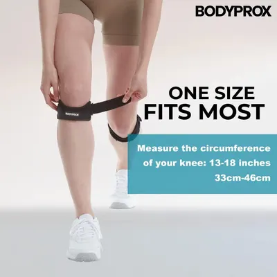 Communicates the adjustable fit range of the knee strap and provides specific measurement guidance (13-18 inches / 33-46cm) to help shoppers determine if the product will fit them.