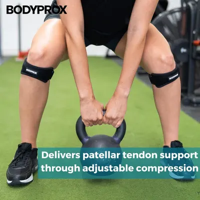 Communicates that the knee straps provide targeted patellar tendon support through adjustable compression, reassuring shoppers that the product offers effective knee stabilization during workouts.