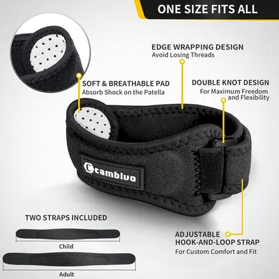 This image breaks down the physical components and construction features of the knee strap to help shoppers understand how each part contributes to comfort, durability, and fit. Communicates…