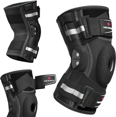 Highlights the physical components and structural features of the knee brace, showing the hinged support mechanism, adjustable straps, and protective padding to help shoppers understand the…