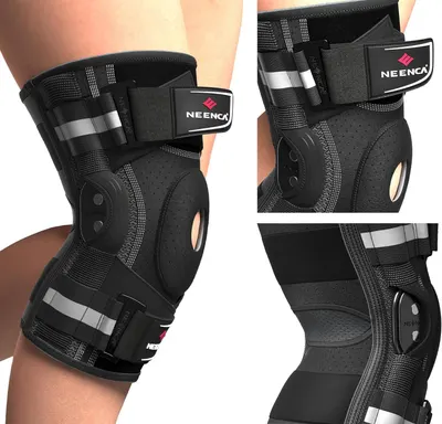This image breaks down the physical components and structural features of the knee brace, showing the hinged support mechanism, adjustable strap system, side stabilizers, and breathable material…
