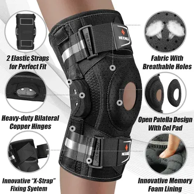 This image breaks down the knee brace's physical components and construction features to help shoppers understand the product's structural design and quality materials.