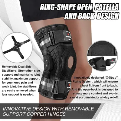This image breaks down the knee brace's key structural components and design features, using callout circles and detailed text to explain how each part functions—from the removable stabilizers to…