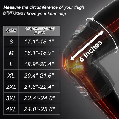 Provides detailed sizing information with a comprehensive chart showing how to measure thigh circumference and match it to the correct size, helping shoppers select the right fit for the knee brace.
