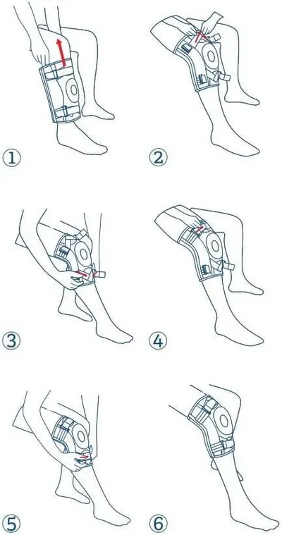 Demonstrates the proper step-by-step process for applying and securing a knee brace or leg support device, helping shoppers understand how to correctly use the product.
