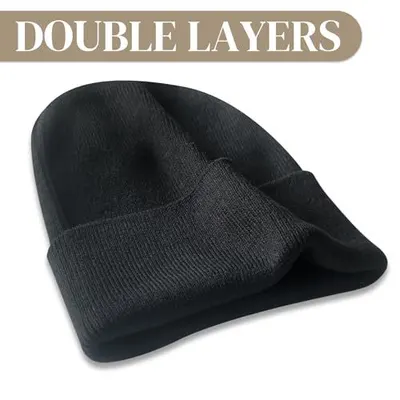 Highlights the double-layer construction of the beanie to communicate enhanced warmth and quality to the shopper.