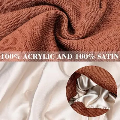Communicates the premium material composition of the product (100% acrylic and 100% satin) through visually segmented panels showing fabric texture and quality to reassure shoppers about material…