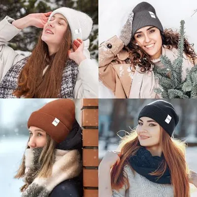 Showcases the product (winter hats) being worn in real-world winter settings to help shoppers visualize the product in use and connect emotionally with the lifestyle context.