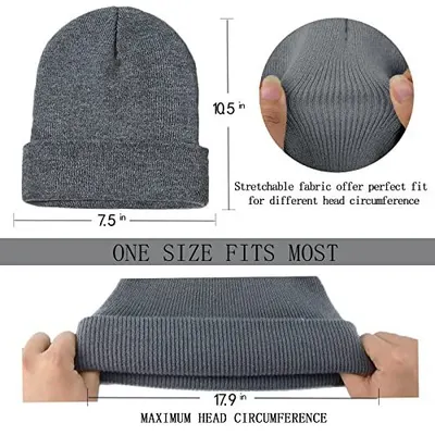 Communicates the exact physical measurements of the beanie (10.5 x 7.5 inches) and its stretchable fit capability (up to 17.9 inches head circumference) to help shoppers determine if it will fit them.