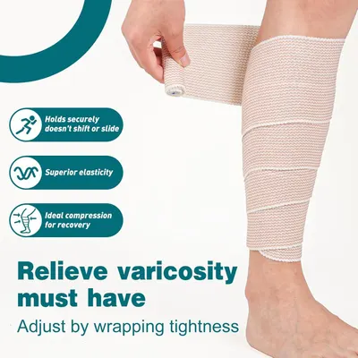 Communicates multiple key benefits of the compression bandage including secure fit, elasticity, and compression for varicosity relief to reassure shoppers of its effectiveness.