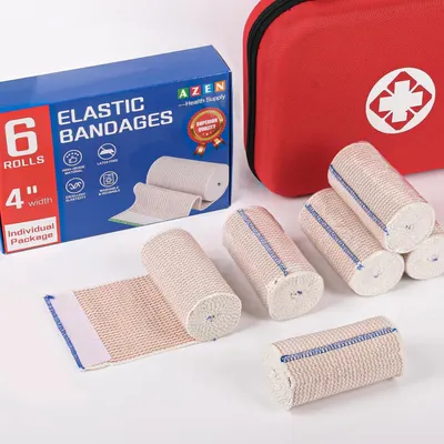 Shows the customer everything included in the purchase: 6 individually packaged elastic bandage rolls and a red first aid carrying case, helping shoppers understand the complete kit contents.