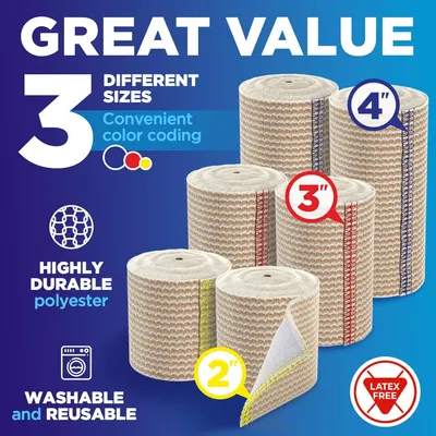 Communicates multiple product benefits in a segmented layout: size variety, color-coded convenience, durability, washability, and safety (latex-free) to help shoppers understand the comprehensive…