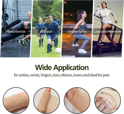 Demonstrates the product's versatility by showing it can be used across multiple sports and activities (fitness, ball sports, outdoor sports, large movements) and on various body parts (ankles,…