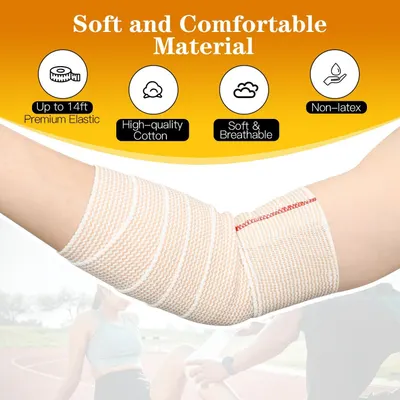 Communicates multiple material benefits of the elastic bandage to reassure shoppers about comfort, quality, stretch capability, and hypoallergenic properties.