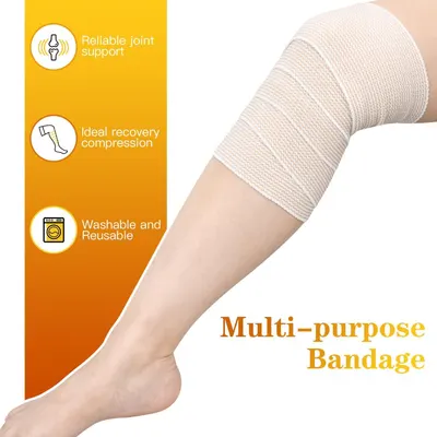 Communicates multiple key benefits of the bandage including joint support, compression for recovery, and washability/reusability to demonstrate versatility and value.