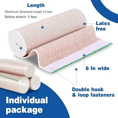 This image breaks down the physical components and specifications of the elastic bandage, highlighting its stretched/unstretched length, width, latex-free composition, and fastener type to help…