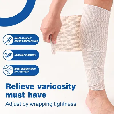 Communicates multiple key benefits of the compression wrap including secure fit, elasticity, compression for recovery, and adjustability to reassure shoppers of its effectiveness for varicosity…