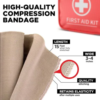 This image breaks down the compression bandage's key physical specifications and construction features to help shoppers understand the product's dimensions, quality craftsmanship, and durability.