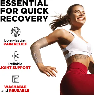 Communicates multiple key benefits of the elbow support product—pain relief, joint support, and easy care—to reassure shoppers of its effectiveness and convenience.