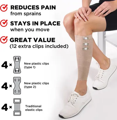 Communicates multiple distinct benefits of the compression wrap: reduces pain from sprains, stays secure during movement, and offers great value with 12 extra clips included. Shows what's included…