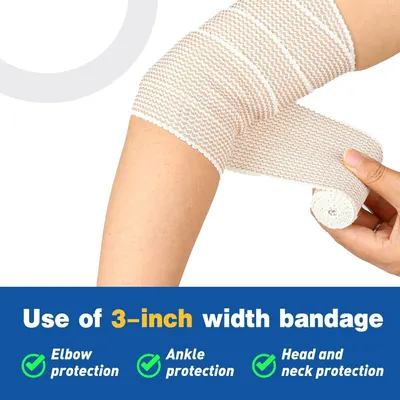 Demonstrates the versatility of the 3-inch bandage by showing it can be used for multiple body areas including elbow, ankle, head, and neck protection.