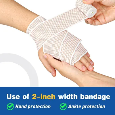 Demonstrates the multiple use cases for the 2-inch width bandage, showing it can be used for both hand and ankle protection to communicate versatility. Highlights the specific dimensional…