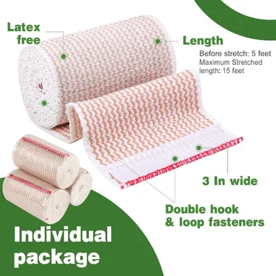 This image breaks down the physical features and specifications of the elastic bandage, highlighting material composition, dimensions, fastener type, and packaging to help shoppers understand…