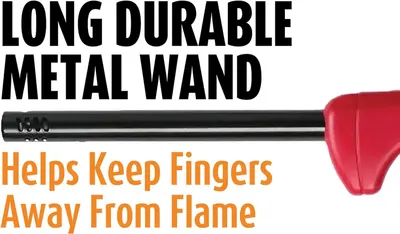 Highlights the product's long-lasting metal wand construction and safety benefit of keeping fingers away from flame, reassuring shoppers of both durability and safe usage.