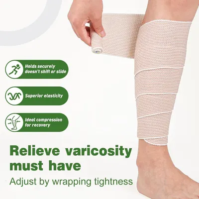Communicates multiple key benefits of the compression bandage including secure fit, elasticity, compression support for varicosity relief, and adjustable wrapping to reassure shoppers of its…