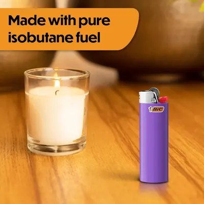 Demonstrates the small, portable size of the candle by showing it next to a BIC lighter for scale reference. Highlights that the candle is made with pure isobutane fuel, communicating a quality…