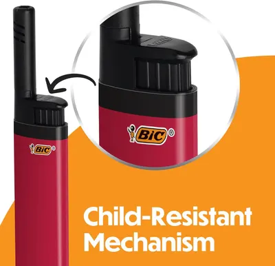 Highlights the child-resistant safety feature of the lighter to reassure parents and safety-conscious shoppers that the product is designed to prevent accidental ignition by children. Communicates…