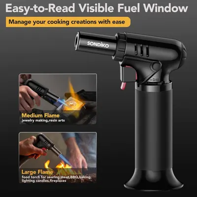 Demonstrates the product's versatility by showing two distinct flame settings and their corresponding applications—medium flame for jewelry making and resin arts, and large flame for culinary tasks…