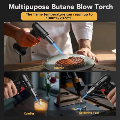 Demonstrates the versatility of the butane blow torch by showing it can be used in multiple different scenarios - cooking food in the kitchen, lighting candles, and as a soldering tool for crafts or…