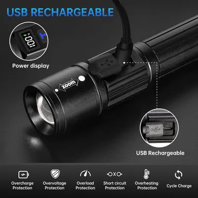 Communicates multiple key features of the flashlight including USB rechargeability, power display, zoom capability, and comprehensive safety protections to reassure shoppers of the product's…