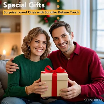 Positions the Sondiko Butane Torch as a perfect gift for loved ones during the holiday season, creating emotional appeal through festive imagery and gift-giving context.