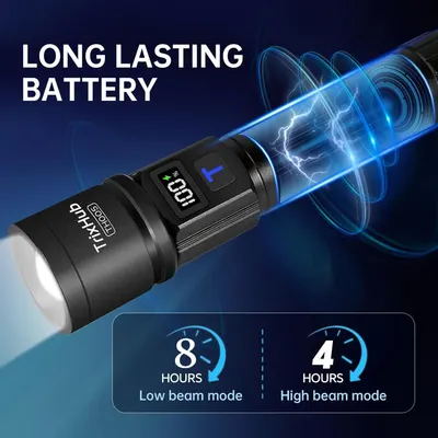 Communicates the flashlight's impressive battery performance with specific runtime metrics (8 hours low beam, 4 hours high beam) to reassure shoppers of long-lasting power and reliability.…