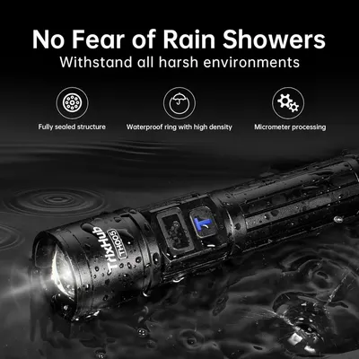 Communicates the product's ability to withstand harsh weather conditions through multiple protective features, reassuring shoppers of its durability and reliability in wet environments.