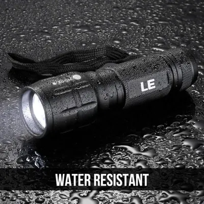 Communicates that the flashlight is water-resistant and can withstand wet conditions, reassuring shoppers it's durable for outdoor or emergency use.