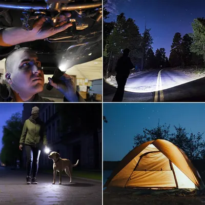 Demonstrates the versatility of the flashlight/lighting product by showing it in four distinct real-world scenarios—automotive work, outdoor navigation, nighttime dog walking, and camping—to…
