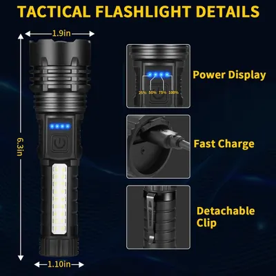 Communicates the exact physical size of the tactical flashlight to help shoppers understand its portability and whether it fits their needs. Highlights multiple key features of the flashlight…
