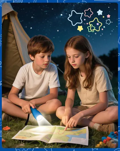Demonstrates the product being used in a real-world camping scenario with children, showing its practical application for outdoor family activities and nighttime use.